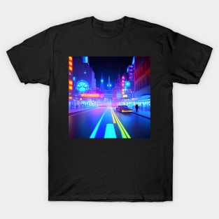 Ai Generated Art Scenery - Futuristic City Street With Shops And Neon Lighting T-Shirt